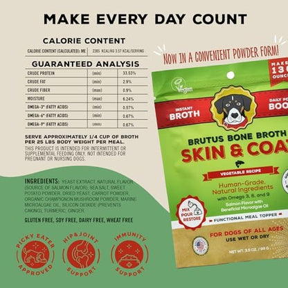 Brutus Broth Dog Food Topper - Instant Broth Powder with Omegas 3,6,9 from Microalgae Oil for Skin and Coat - Human-Grade Quality, Serve Dry or Wet - Vegetable Flavor, 3.5 oz (Pack of 1)