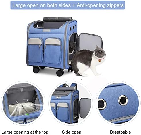 Wheeled Pet Carrier Backpack Pet Stroller, Travel Carrier, Car Seat for Small Dogs Cats Puppies, Comfort Cat Backpack Removable Rolling Wheels – Mesh Ventilation Windows (Large Blue)