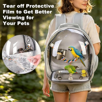 Bird Travel Carrier, Bird Backpack Cage with Rope & Wood Perches Tray Food Bowl, Portable Clear Bubble Window Breathable Mesh Bag for Small Medium Parrots Cockatiel Parakeet Budgies Conures Lovebirds