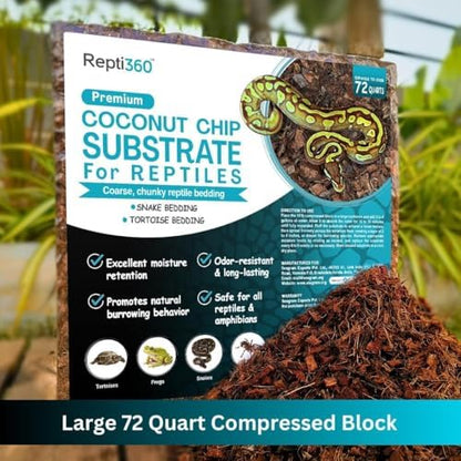Premium Coconut Chip Substrate for Reptiles – 10 LB Block in Carton Box, Expands to 72 Quarts – Natural & Dust-Free Coco Husk Bedding for Ball Python, Bearded Dragon, Tortoise & Gecko