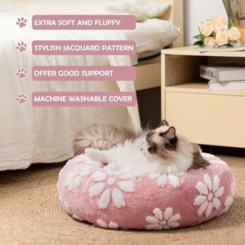Donut Dog Beds, Calming Round Cat Beds for Indoor Cats, Pink, 23"