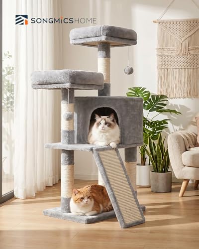 SONGMICS HOME Cat Tree, Cat Tower with Cat Cave, Scratching Ramp, Sisal Scratching Posts, Multi-Level Cat Condo for Indoor Cats, Light Gray