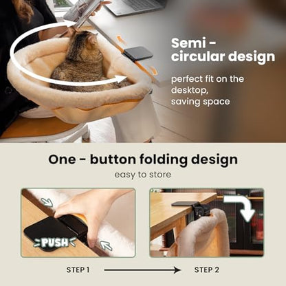 JUNSPOW Cat Desk Bed One-Click Folding Maximum Holds 40lb, Cream Fur