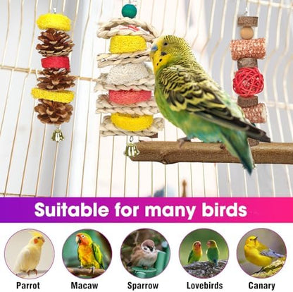 JOREWOOD 7 Pcs Natural Wood Bird Toy & Perch for Parakeets, Cockatiel & Lovebird, Budgie Play Accessory for Small Parrots Indoor Cage