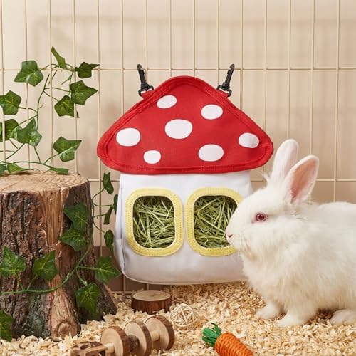 Eorbow Bunny Hay Feeder Bag, Cute Mushroom Hanging Hay Holder, Durable Hay Dispenser with 600D Oxford Fabric for Guinea Pigs Chinchillas Hamster, Small Animal Cage Accessories