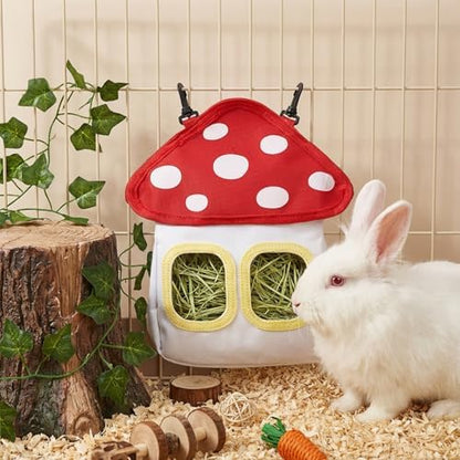 Eorbow Bunny Hay Feeder Bag, Cute Mushroom Hanging Hay Holder, Durable Hay Dispenser with 600D Oxford Fabric for Guinea Pigs Chinchillas Hamster, Small Animal Cage Accessories