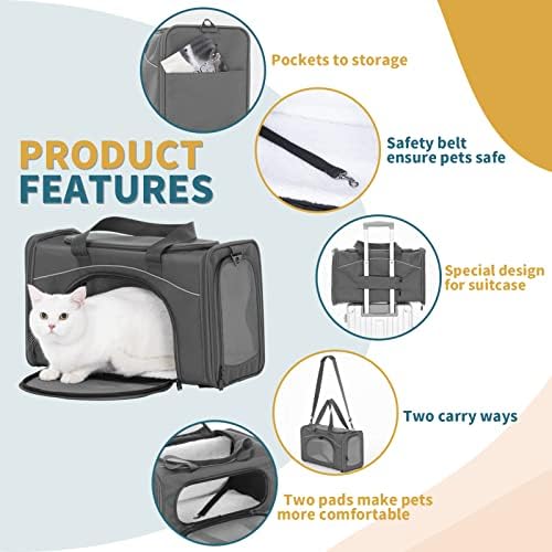 ‌Petsfit Airline Approved Pet Carrier for Small Dogs & Cats, 19x9x12 TSA Approved Carrier, with Removable Dual-Sided Padding (2-Way Placement) - Fits Under Most Airplane Seats, Escape Proof (Grey)