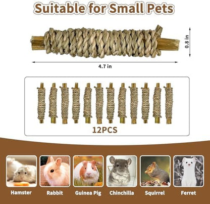 Fhiny 12 PCS Rabbit Chew Sticks, Natural Papaya Wood Seagrass Guinea Pig Chew Toys for Teeth Small Animal Molar Sticks Snacks for Bunny Guinea Pig Chinchilla Ferret Hamster Gerbil Dental Care