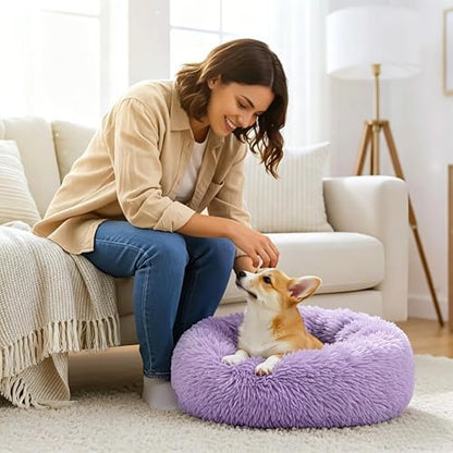 Calming Donut Dog and Cat Bed for Indoor Cats, Anti-Anxiety Round Fluffy Soft Washable Small Pet Bed for Puppy and Kitten, Warming Comfortable Luxury Anti-Slip Waterproof Mute Base 20in Purple