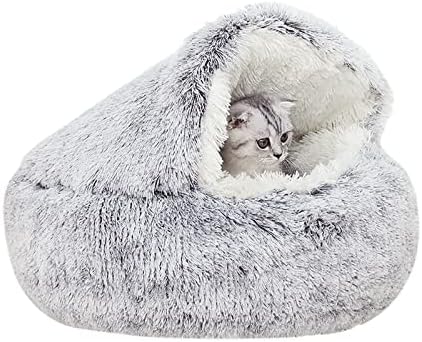 YUDANSI Cat Bed Hooded for Indoor Cats, Dog Bed with Large Covered Hood for Small Dogs Cats Puppy Kitty, Anti Anxiety Donut Cuddler, Anti Slip Plush Faux Fur Enclosed Pet Nest (Washable)(Gray-20inch)
