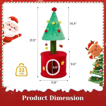 32" Cat Tree Tower for Indoor Cats, Small Cat Tree with Sisal Scratching Posts, Plush Cat Bed, and Climbing Tower for Kittens and Adult Cats, Green & Red