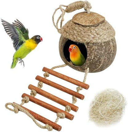 Tfwadmx Coconut Bird Nest Hut with Ladder Natural Coconut Fiber Shell Hanging Coco Birds House Parrot Cage Decor for Parrot Parakeet Lovebird Finch Canary