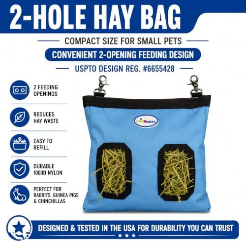 2-Opening Hay Bag for Rabbits, Guinea Pigs & Chinchillas, Compact Hanging Hay Feeder, 9" x 11" x 1.5", Helps Reduce Hay Waste & Cage Mess, 6-Month Warranty (Black, 9" x 11" x 1.5")