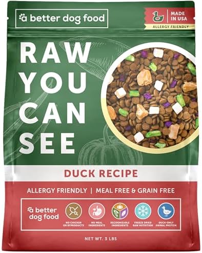 A Better Treat | Allergy Friendly Duck Dry Dog Food | Raw You Can See | No Chicken, Duck Only Animal Protein, No Meal Ingredients, Grain Free | Stomach Soothing Kibble + Freeze Dried Raw Dog Food