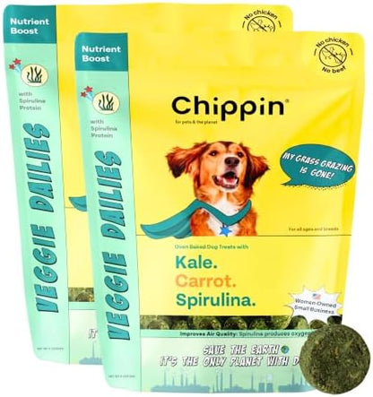 Chippin Healthy Dog Treats, All Natural Crunchy Biscuits with Real Spirulina, Kale, Oats, No Meat, Hypoallergenic, Vegan Treats for Puppy, Small, Large Dogs, 2 Pack
