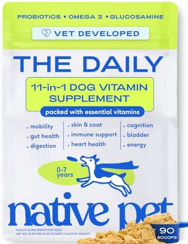Native Pet The Daily Dog Vitamins & Supplements - 11-in-1 Multivitamin for Dogs - Daily Powder Supplement with Probiotics, Collagen - 90 Scoops