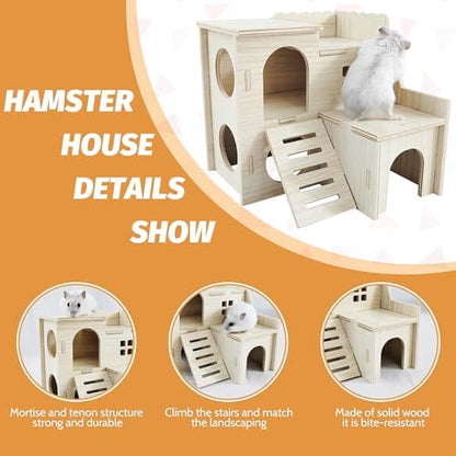 Hamster House,Tiny House with Slide House, Double-Decker Hut, Hamster Cage Accessories,Small Animal Habitat Decor for Large Hamster
