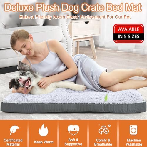POCBLUE Deluxe Washable Dog Bed for Large Dogs Dog Crate Mat 35 Inch Comfy Fluffy Kennel Pad Anti-Slip for Dogs Up to 60 lbs, 35" x 23", Grey
