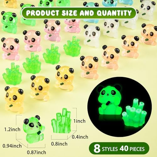 18PCS Luminous Mini Resin Panda Figurines with 2 Bamboos for Dollhouse