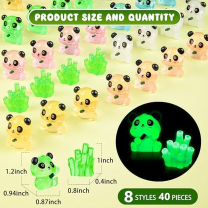 18PCS Luminous Mini Resin Panda Figurines with 2 Bamboos for Dollhouse