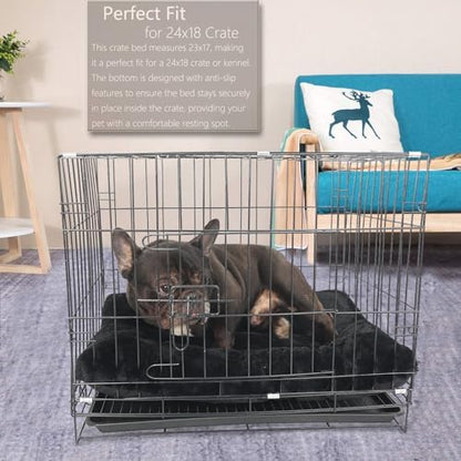 Small Dog Crate Bed 24 x 18 - Washable Extra Soft Kennel Mat, Cozy Fluffy With Anti-Slip Bottom for 24 Inch Crates - Pillow Cushion Puppy Mattress Pad, Black