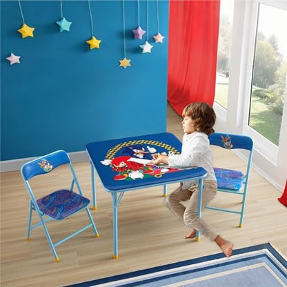 Sega Sonic The Hedgehog Kids Table and Chair Set, 3-Piece Square Table with 2 Folding Chairs for Playroom & Activities