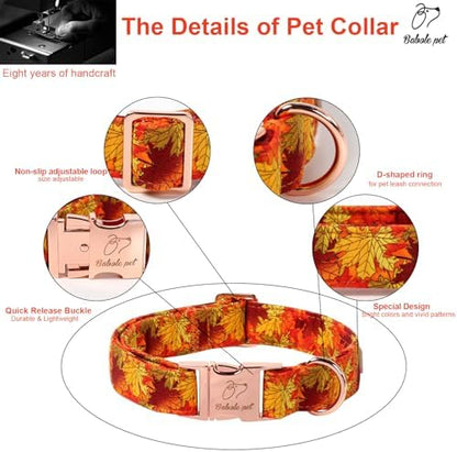 Fall Dog Collar for Large Dogs - Gold Maple Leaves Tanksgiving Puppy Collar, Adjustable Heavy Duty Fall Festivel Cotton Dog Collars with Metal Buckle XL