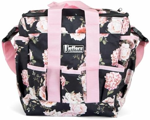 Jeffers Expression Deluxe Horse Grooming Bag – Large Zip Top Equestrian Tote w/Multiple Pockets, Handles & Adjustable Shoulder Strap, Padded Feet for Barn Essentials 11.5"x10.5"x8.5" - Rose Garden