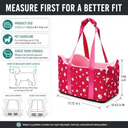 Center Console Dog Car Seat for Small Dogs Under 15 lbs - Detachable Washable Carrier with Safety Belt & Storage Pockets, Pink