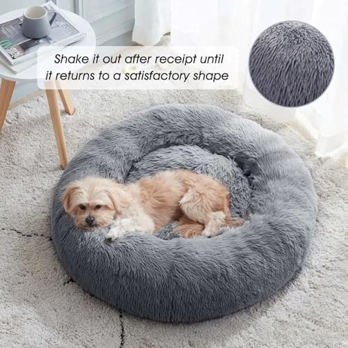 SALAN Calming Dog Bed for Small Dogs & Indoor Cats, 20 Inch Donut Pet Bed, Washable Round Fluffy Plush Faux Fur Cushion with Raised Rim & Anti-Slip Bottom, Soft Cozy Bed Fits Pets Up to 25 lbs (Khaki)