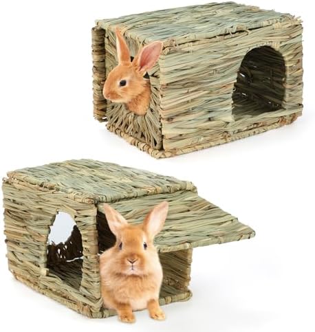 BWOGUE 2 Pack Grass Bunny House, Natural Hand Woven Seagrass Hideaway Toy