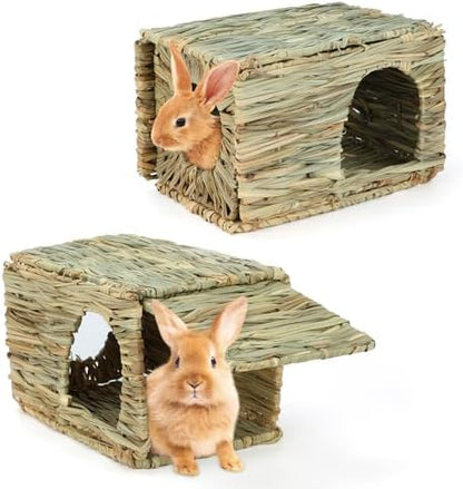 BWOGUE 2 Pack Grass Bunny House, Natural Hand Woven Seagrass Hideaway Toy