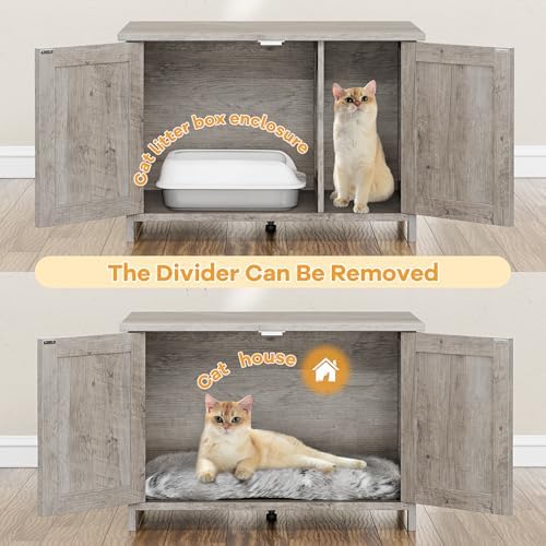 Shintenchi Cat Litter Box Enclosure, Litter Box Furniture Cabinet Hidden with Removable Divider, Wooden Cat House with End Table, Grey, 31.5 inch