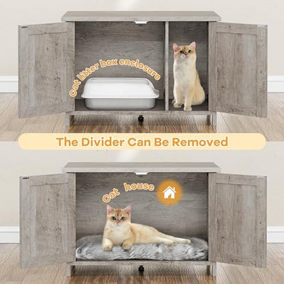Shintenchi Cat Litter Box Enclosure, Litter Box Furniture Cabinet Hidden with Removable Divider, Wooden Cat House with End Table, Grey, 31.5 inch