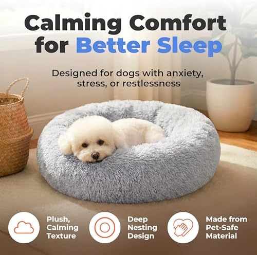 Best Pet Supplies Round Calming Dog Bed for Small, Medium & Large Dogs, Plush Donut Cuddler Pet Bed w/Raised Rim for Head, Neck Support, Anti-Slip Bottom Washable Bed - Light Warm Gray, 24 x 24 x 7