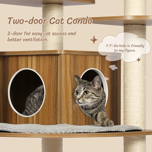 KAMABOKO 69”H Tall Wood Cat Tree, Large Cat Tower Multi-Level Platforms with Sisal Scratching Posts, Cat Condo for Large Cats 20 lbs Heavy Duty (69” H Wood Brown)