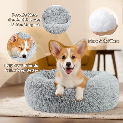 Calming Large Donut Dog and Cat Bed, Anti-Anxiety Round Soft Fluffy Plush Faux Fur Washable Anti-Slip Pet Bed for Medium Dogs Up to 35 lbs 28in Gray