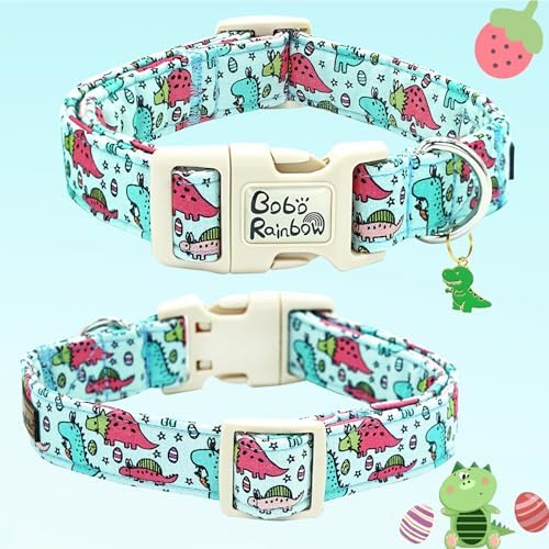 Dog Collar-Blue Pink Dinosaur Print Adjustable Pet Collars Soft Comfortable Puppy Collar Cute Cotton Collars Durable Gift for Medium Dogs