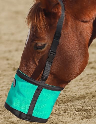 Harrison Howard Horse Muzzle Feed Bag Nylon Mesh Grain Feed Bag with Padded Neck Strap Adjustable Belt Mint Small