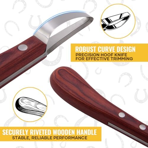 Hoof Knife with Sharpener, 2 PCS Professional Farrier Kit, Curved Stainless Steel Trimming Knife & 400/800 Grit Diamond Rod, Ergonomic Wood Handle, Rust-Resistant for Horses, Cattle