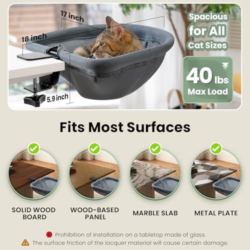 JUNSPOW Cat Desk Bed One-Click Folding, Maximum Holds 40lb, Grey Mesh