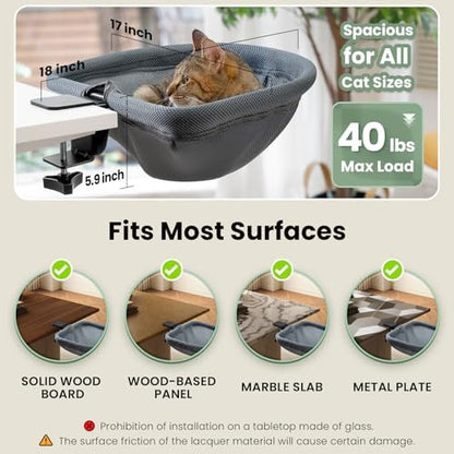 JUNSPOW Cat Desk Bed One-Click Folding, Maximum Holds 40lb, Grey Mesh