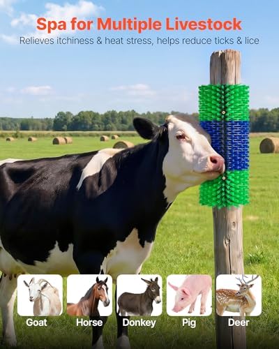 VEVOR Livestock Scratching Brush, 1PC Goat Scratcher Brush Post with 4 Screws, 16.9" x 7.5" Cow Scratcher for Back Itch Relief, Massage Grooming Scratch Tool for Horse Cattle Sheep Pig, Green & Blue