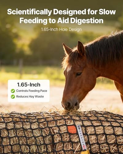 VEVOR Round Bale Hay Net, 4.92 x 4.92 x 4.92 ft, 1.65 inch Holes, PE Material, Knotless Design, with Self-Locking Zip Ties, Needle Shuttle, and Repair Twine, Slow Feeder Round Bale Net for Horses