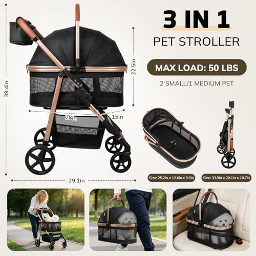 Pet Stroller for Small/Medium Dogs Cats, 50 lbs, 3-in-1 Foldable Stroller