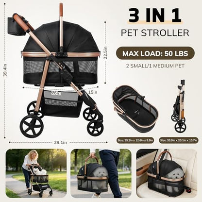 Pet Stroller for Small/Medium Dogs Cats, 50 lbs, 3-in-1 Foldable Stroller