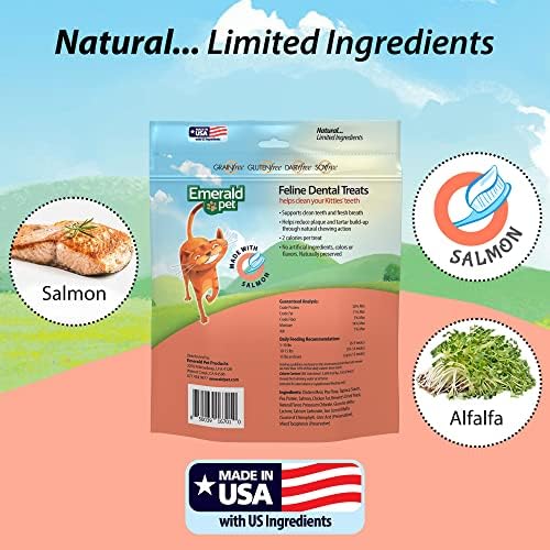 Emerald Pet Grain Free Cat Dental Treats – Crunchy Salmon Cat Treats to Clean Teeth, Reduce Plaque & Tartar, and Freshen Breath – Natural Feline Dental Care, 32 oz