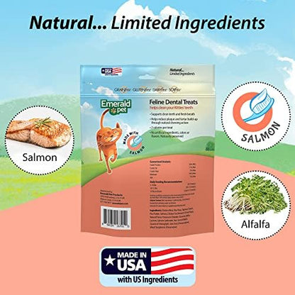 Emerald Pet Grain Free Cat Dental Treats – Crunchy Salmon Cat Treats to Clean Teeth, Reduce Plaque & Tartar, and Freshen Breath – Natural Feline Dental Care, 32 oz
