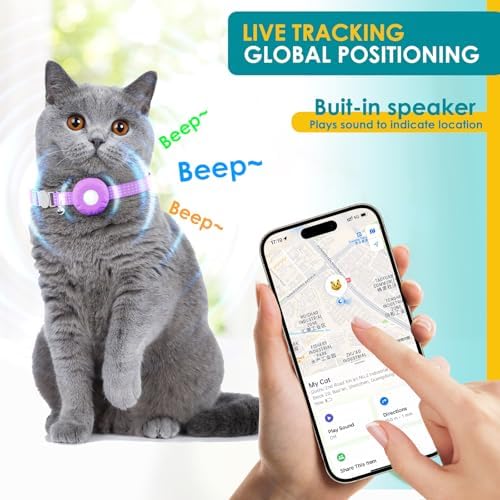 GPS Tracker, Bluetooth Mini GPS Dog Tracker, Cats Tracker Including Cat Collars, No Monthly Fee Cat GPS Tracker, Work with Find My APP (Only iOS), Finder Tag for Pets, Items etc, Purple