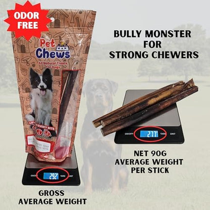 12" Monster Bully Sticks (3-Pack, 90g Each) Ultra Thick | 100% Natural Grass-Fed Beef Dog Chews, Odor-Free | Long Lasting Treats for Large Dogs & Extreme Aggressive Chewers | High Protein